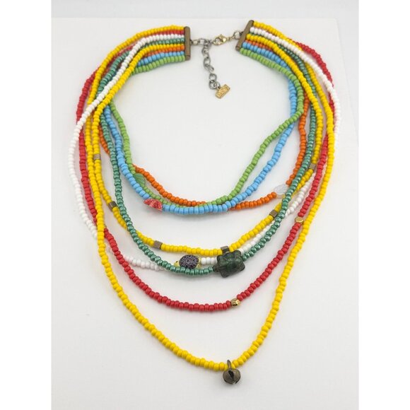 Vintage multi strand seed bead porcelain beach charm necklace - Picture 1 of 6